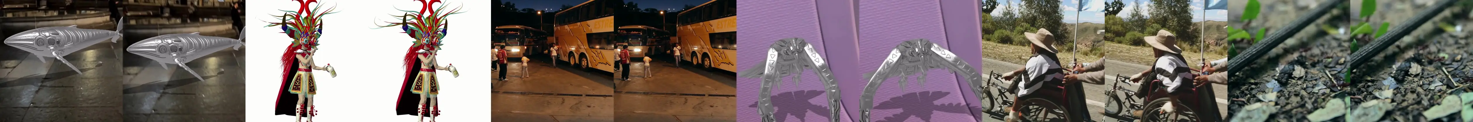 Frames from the showreels, two from each shot: a robotic whale, a dancer, buses at night, a robotic bird, a march, ants carrying leaves.