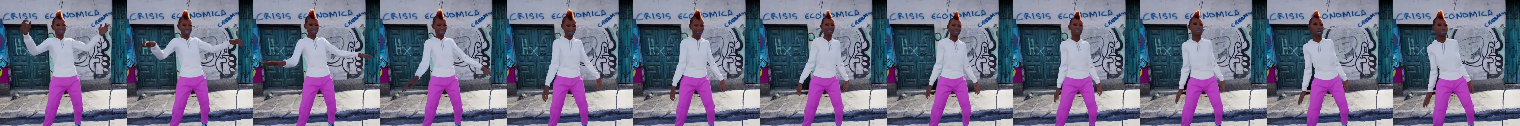 Frames of an animated dancer in front of a wall of graffiti.