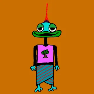 An Etchie with a green face and a red crest, in a pink top and a striped skirt, on orange. One of the Etchies by Dan Fallshaw.