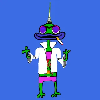 An Etchie in purple round glasses and a white coat, with a cigarette, on blue. One of the Etchies by Dan Fallshaw.
