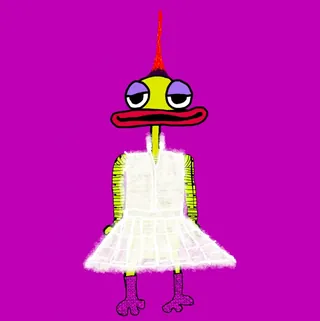 A yellow-faced Etchie in a white tutu, on magenta. One of the Etchies by Dan Fallshaw.