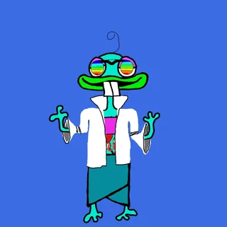An Etchie in rainbow glasses and a white coat, on blue. One of the Etchies by Dan Fallshaw.