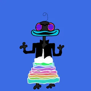 An Etchie in a black jacket and a rainbow skirt of many layers, on blue. One of the Etchies by Dan Fallshaw.