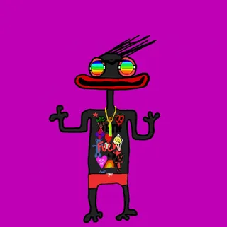 An Etchie with spiky black hair, rainbow glasses and a black shirt covered in prints, on magenta. One of the Etchies by Dan Fallshaw.