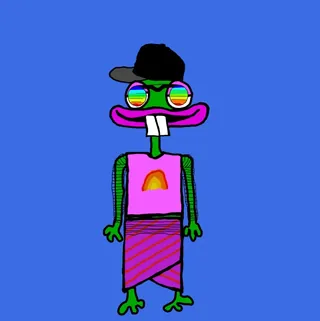 An Etchie in a black cap and rainbow glasses, with a pink top and a striped skirt, on blue. One of the Etchies by Dan Fallshaw.