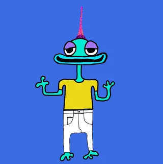 An Etchie with a pink crest, a yellow T-shirt and white trousers, on blue. One of the Etchies by Dan Fallshaw.