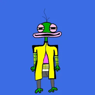 An Etchie in a yellow coat over a pink top, on blue. One of the Etchies by Dan Fallshaw.