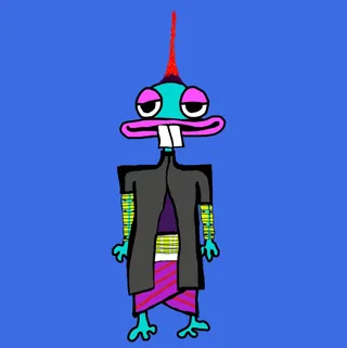 An Etchie with a red crest, in a dark coat and a purple skirt, on blue. One of the Etchies by Dan Fallshaw.
