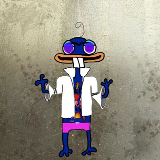 A blue Etchie in purple glasses and a white coat, on grey stone. One of the Etchies by Dan Fallshaw.
