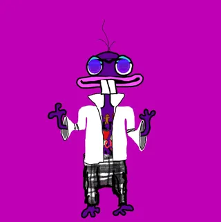 An Etchie in purple glasses, a white coat and checked trousers, on magenta. One of the Etchies by Dan Fallshaw.