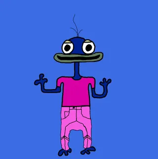 A dark blue Etchie in a pink T-shirt and pink trousers, on blue. One of the Etchies by Dan Fallshaw.