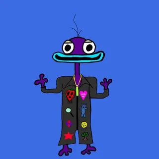 A purple Etchie in a black coat covered in badges, on blue. One of the Etchies by Dan Fallshaw.