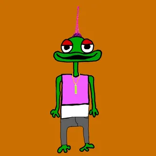 An Etchie with a green face and a pink crest, in a pink vest and grey trousers, on orange. One of the Etchies by Dan Fallshaw.