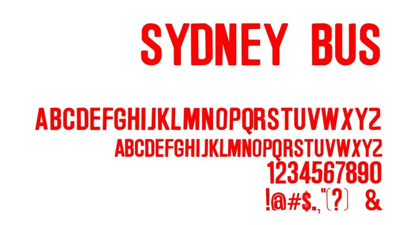 Specimen of the typeface Sydney Bus: the alphabet, numbers and signs in red capitals.