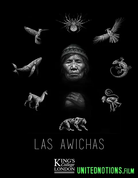 Poster of Las Awichas: an Andean grandmother surrounded by robotic animals, in black and white.