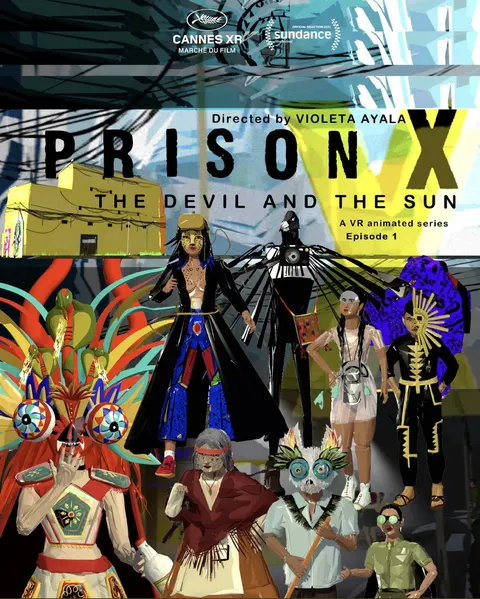 Poster of Prison X, The Devil and The Sun: animated characters in masks and feathered costumes.