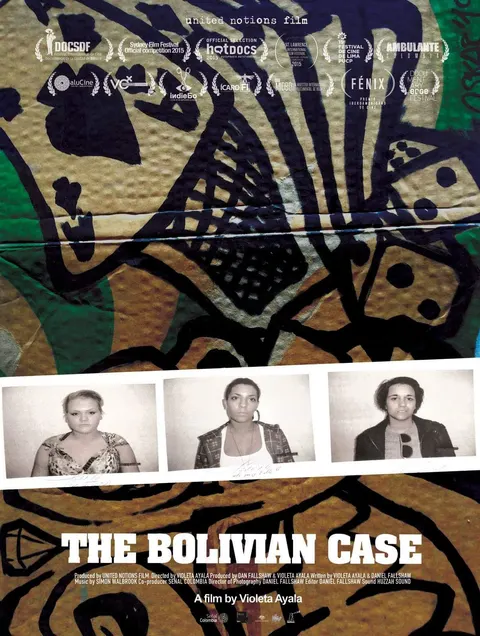 Poster of The Bolivian Case: three portraits of young women over a patterned painting.