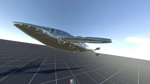 A 3D model of a whale floats above a grid under a blue sky.