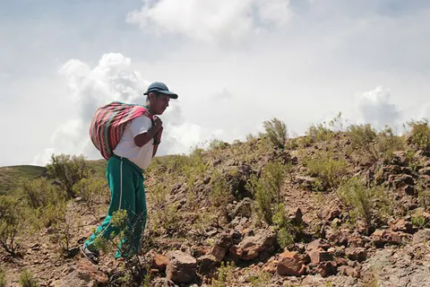 A person carries a large bundle on their back across a dry hillside. Still from Cocaine Prison.