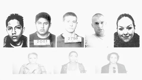 A wall of black-and-white police photographs. Still from The Bolivian Case.