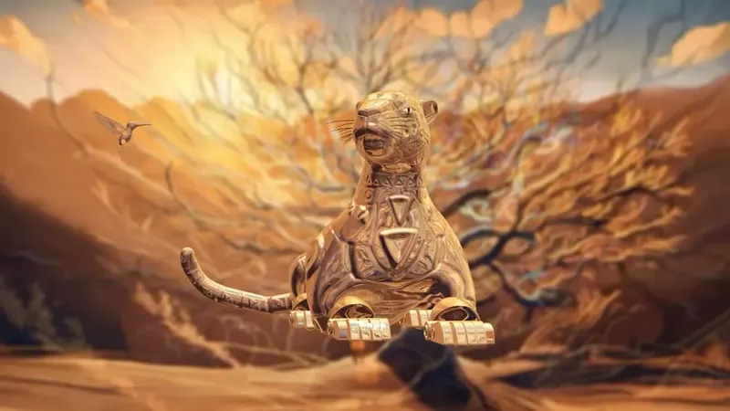 A golden jaguar sits among amber dunes and bare branches.
