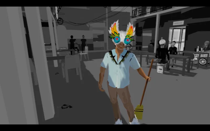 A character in a feathered mask stands in a grey prison yard.