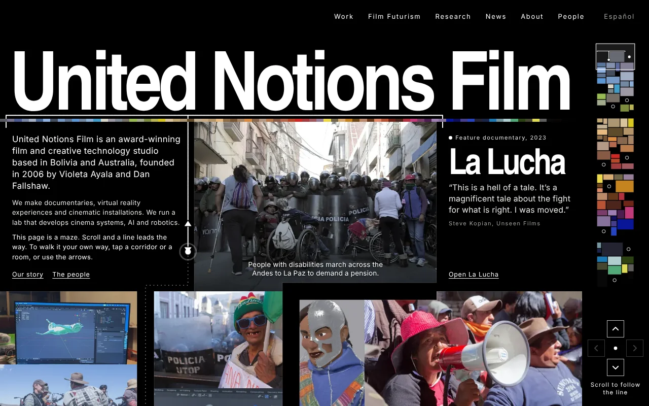 The home page of unitednotions.film: the name of the studio in large white letters above a maze of photographs.
