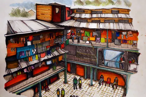 A watercolour drawing of a prison courtyard ringed by balconies. From Prison X.