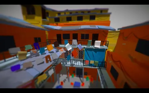 A coloured 3D model of the prison courtyard, seen from above. From Prison X.