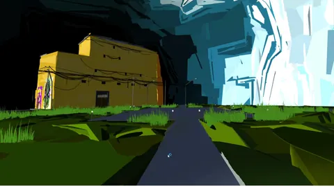 A road leads through green fields to a yellow building, in a 3D landscape. From Prison X.