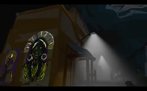 A wall painted with a large face, lit by a lamp at night, in the virtual prison. From Prison X.