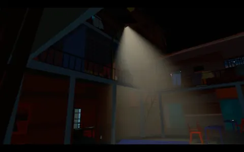 A beam of light falls into a dark courtyard of the virtual prison. From Prison X.