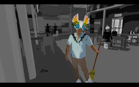 A figure in a feathered mask holds a broom in a grey prison yard. From Prison X.
